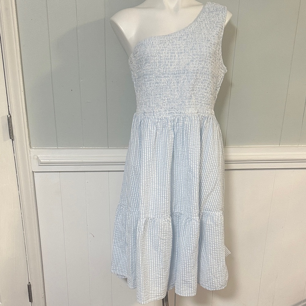 One-Shoulder Light Blue Seersucker Dress